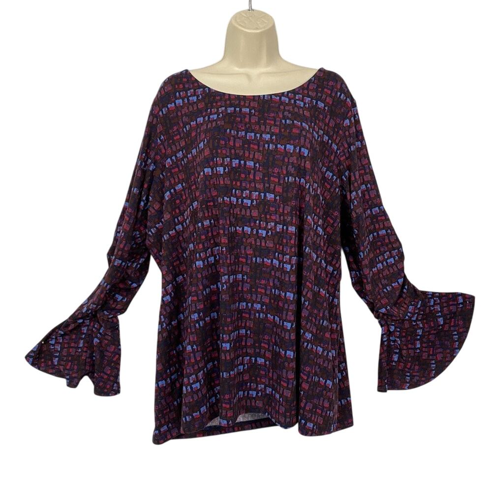Susan‎ Graver Top 2X Brushed Liquid Knit Purple Abstract Geo Bell Sleeve A343073